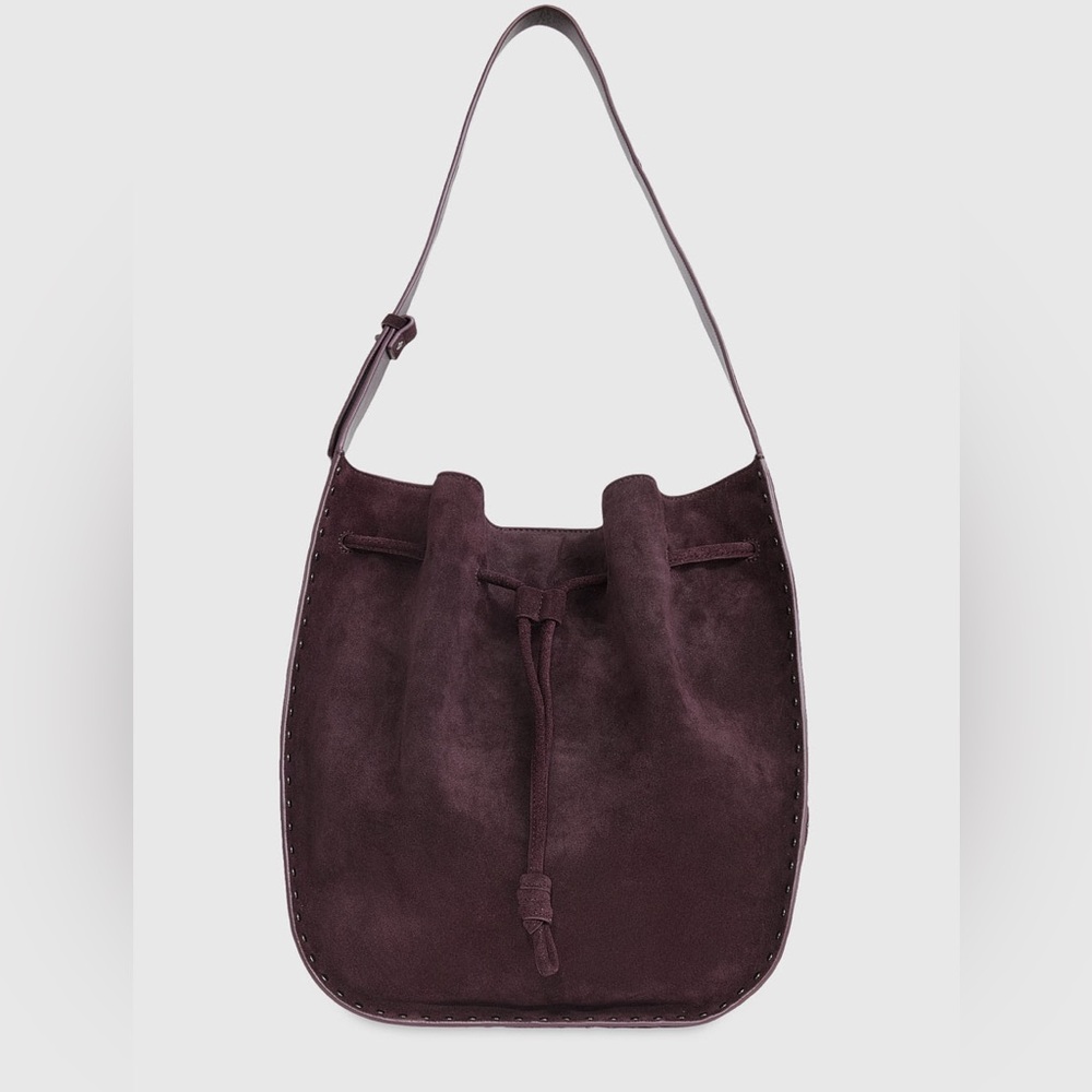 REBECCA MINKOFF Nanine Suede Studded Drawstring Shoulder Bag in Currant